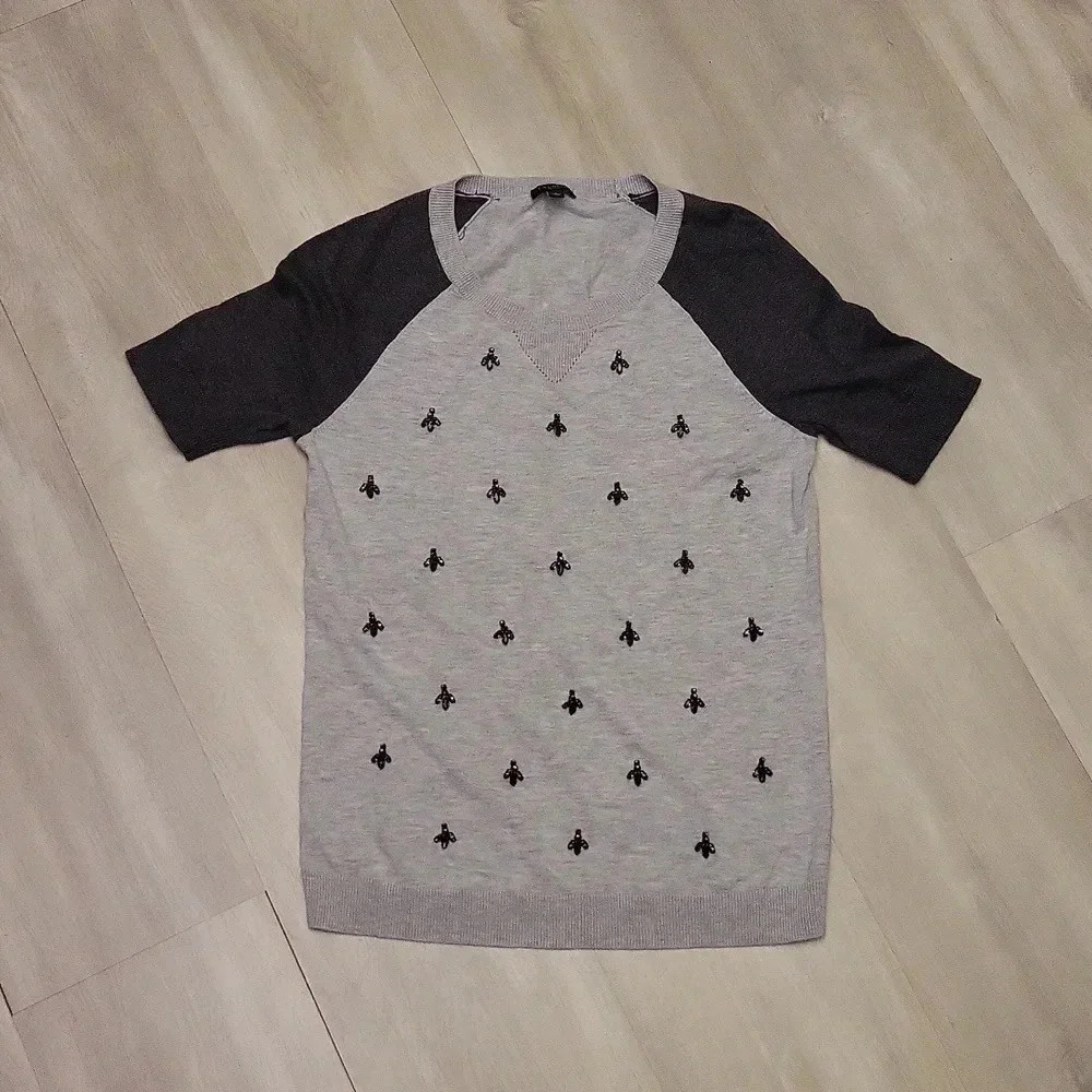 Talbots Petites Grey Black Sleeve Beaded Top Womens Size P‎